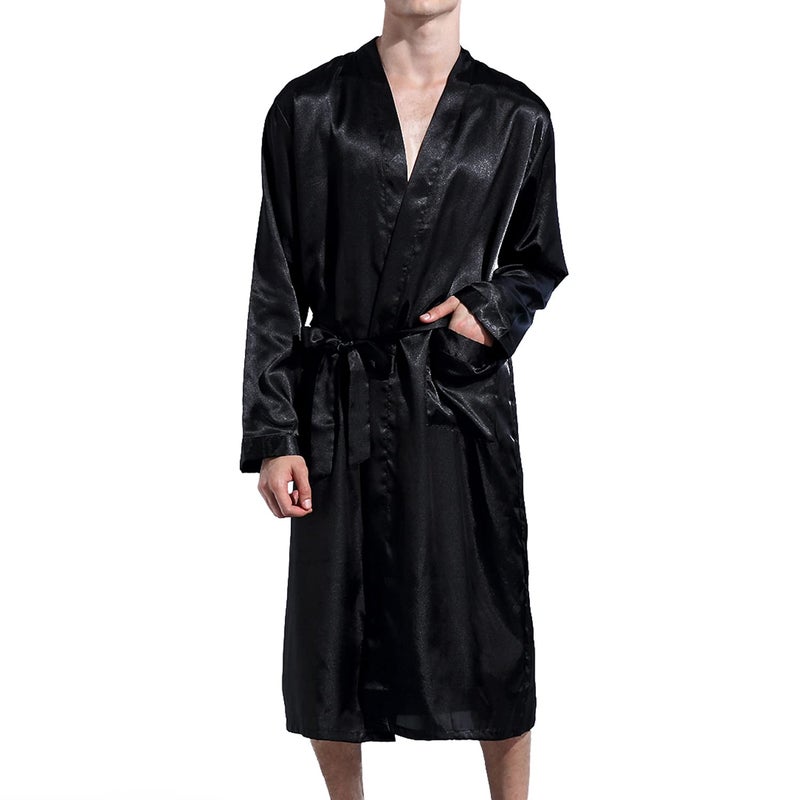 Lu's Chic Men's Silk Robe Lightweight Satin Kimono Summer SPA Lounge Long Sleeve Silky Bath Robe Soft Knee Length Bathrobe with Pocket Black X-Large - Image 1